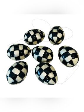 MacKenzie-Childs Courtly Capiz Eggs Set of 7 Black White Check Hanging Ornaments